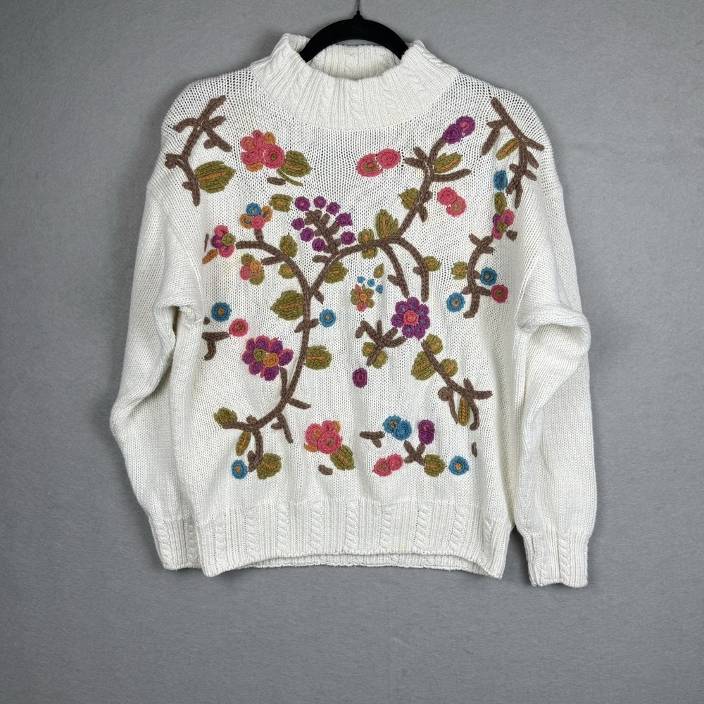 Vtg Cable Knit Mock Neck Sweater Spring Floral Embroidered Grandmacore Med *read